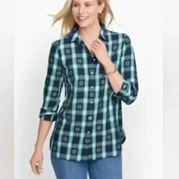 Talbots Navy Blue Green Red Plaid Snowflake Long Sleeve Button Up Dress Shirt XL - Picture 8 of 8